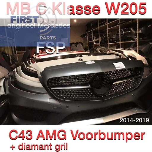 W205 C205 C43 AMG Voorbumper compleet origineel Mercedes C Klasse 2014-2019 mat grijs + diamond gril nieuwstaat