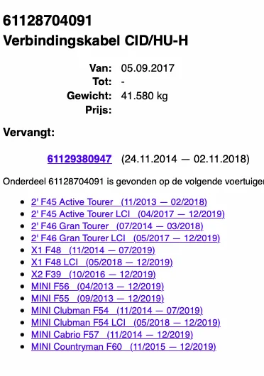VERBINBDINGSKABEL BMW F45 F46 X1 MINI OE 61128704091