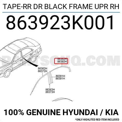 Hyundai Sonata IV/V (6/01-9/10) (EU4) Zwart frame sticker Rechts Origineel! 863923K001 RESTPARTIJ!