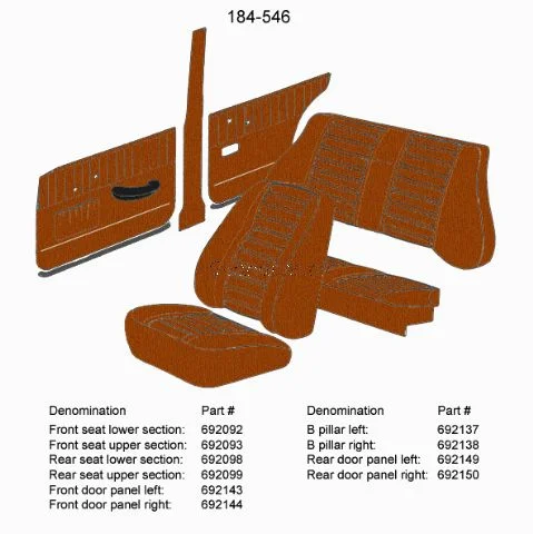 Volvo Bekleding Amazon 4D B stijl paneel Links bruin 1966-1968 184-546 SET incl rechts 692138 Volvo onderdeel nr 692137