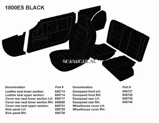Volvo Bekleding P1800E/P1800ES zijpaneel Links+rechts voor SET incl 695726  zwart Volvo onderdeel nr 695725