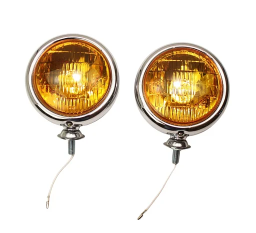Volvo Mistlamp chroom geel glas - 2 stuks - diameter 13 cm- 6 volt kan aangepast worden op 12 Volvo onderdeel nr 108G