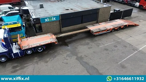 Faymonville 3-ass. Vlakke uitschuifbare MEGA oplegger // Uitklapbare laadvloer klep // Naloop gestuurd