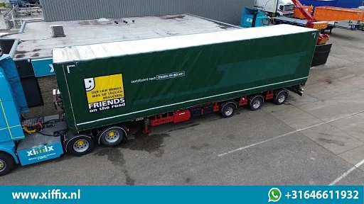 Meusburger 3-ass. Vlakke dubbel (2x) uitschuifbare oplegger met huifopbouw // 3x gestuurd